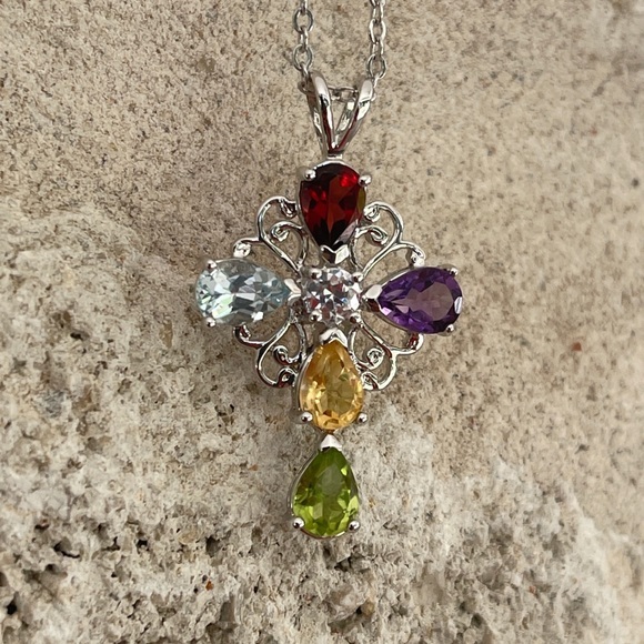Silver tone jeweled cross colorful necklace - Picture 1 of 4